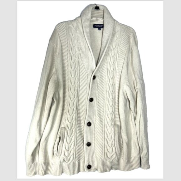 Roundtree & Yorke cable Knit Cardigan leather Button Sweater Cream Mens XL brown - Picture 11 of 11